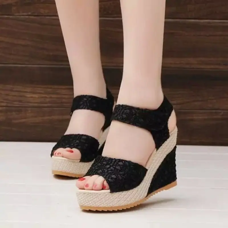 

Shoes for Women 2023 Summer Sandals Wedge High Heel Sandal for Girls with Hook and Loop Closure sandalias de mujer verano