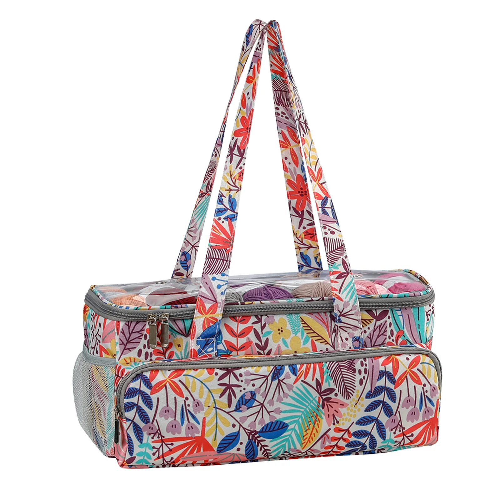 

Needles Large Capacity Zipper Closure Floral Printed Portable Oxford Cloth Dustproof Yarn Storage Bag Mesh Pouch Knitting Tote
