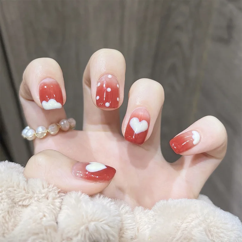 

24pcs/box Fake Nails Press on Short Square Heart Polka Dots Artificial False Tipsy Stick-on Nails Tips With Wearing Tools