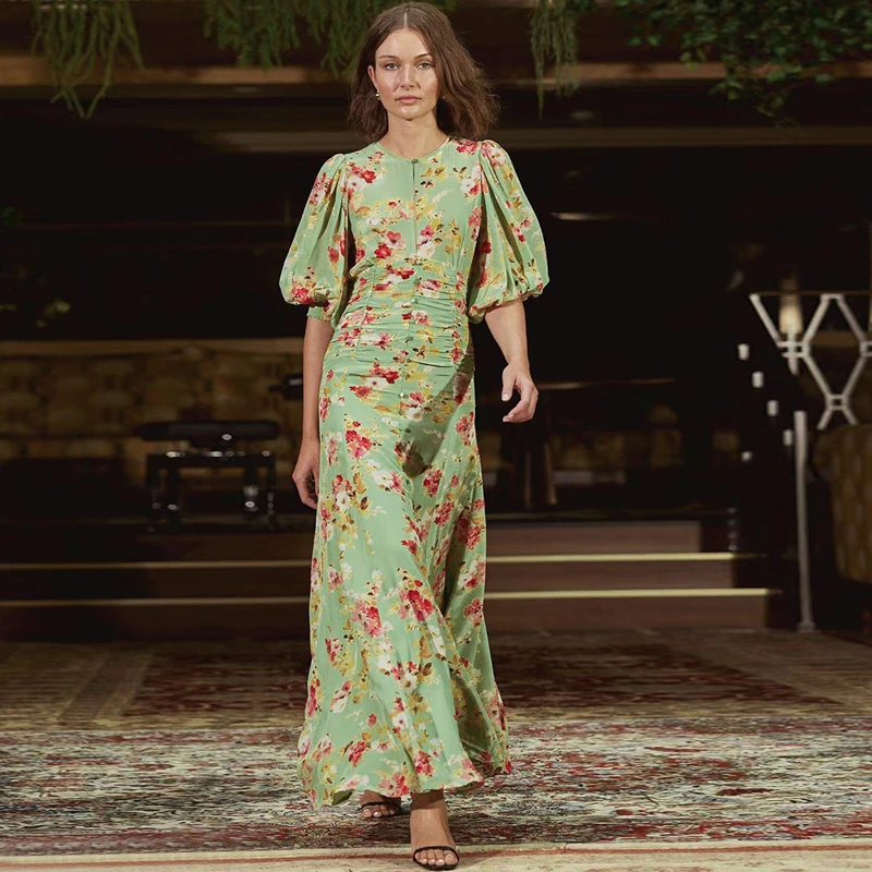 Fashion Women's Dress 2023 Summer New Green Floral Pleated French Long Dress Free Shipping