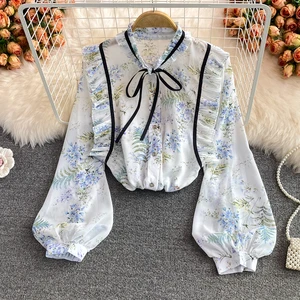 2022 женская шифоновая рубашка на весну и осень, милая рубашка с воротником-стойкой и длинным рукавом с принтом, топы, женские рубашки, блузки GD252