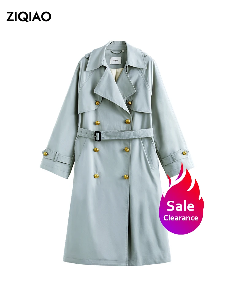 

ZIQIAO【Clearance Sale】Turn-down Collar Full Sleeve Trench Waist Mid-length Straight Office Lady Double Breasted Solid Jacket