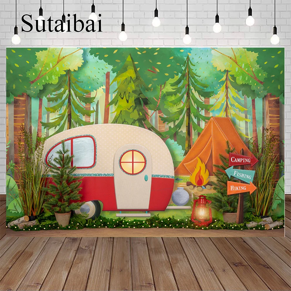 

Gone Camping Cake Smash Photography Backdrops for Children Birthday Photographic Studio Photo Backgrounds Spring Park Flowers