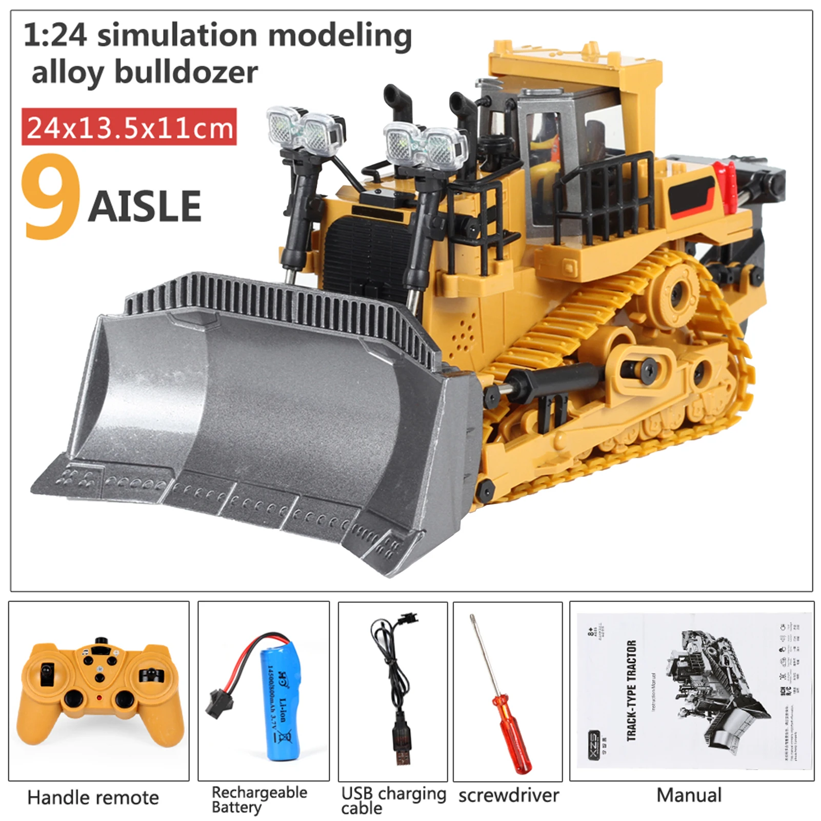

RC Car Alloy Remote Control Bulldozer 1/24 9 Channel Dozer Front Loader Toy with Light and Sound Kids Toy for Boys Children