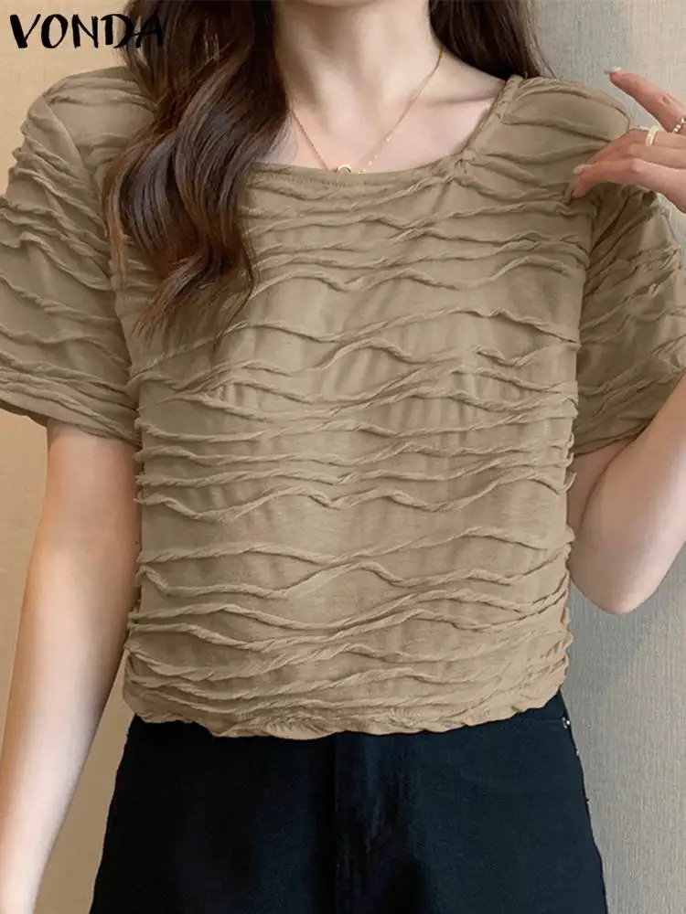 

Модные женские топы и блузки VONDA 2023, Летние повседневные однотонные свободные элегантные рубашки с коротким рукавом и круглым вырезом, блузки-туники