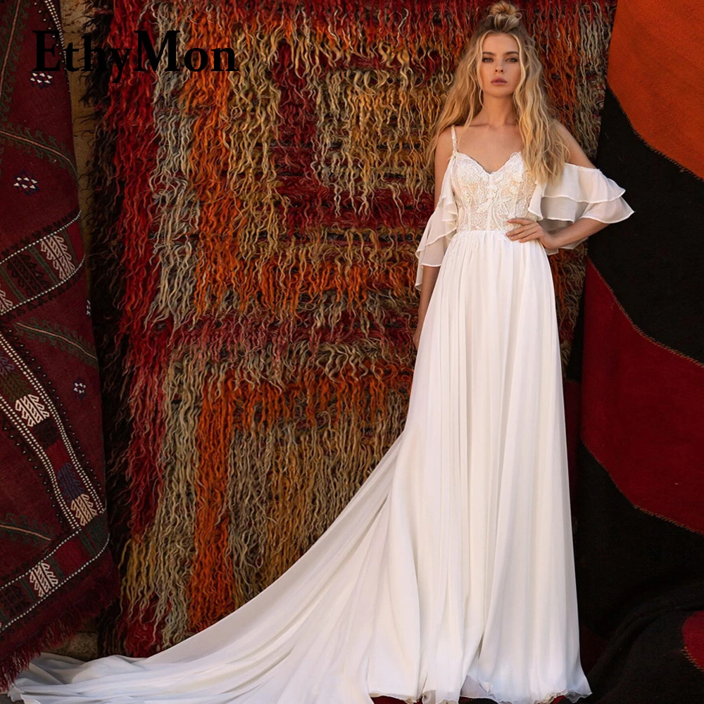 

Ethymon Trendy Chiffon Brides Wedding Dresses V-neck Off the Shoulder A-line Lace Appliques Backless Abito Da Sposa Customized