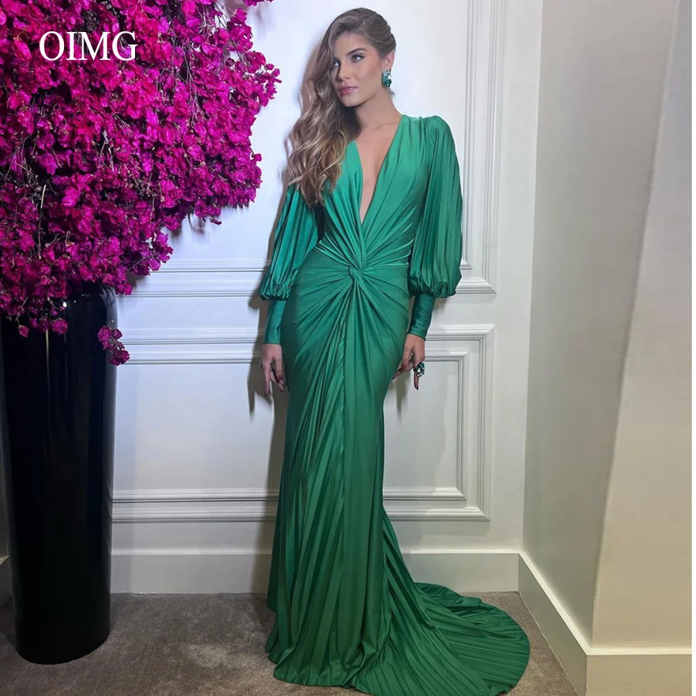 

OIMG Elegant Green Draped Silk Satin Evening Dresses Puff Long Sleeves V Neck Cuff Dubai Women Formal Party Gowns Prom Event