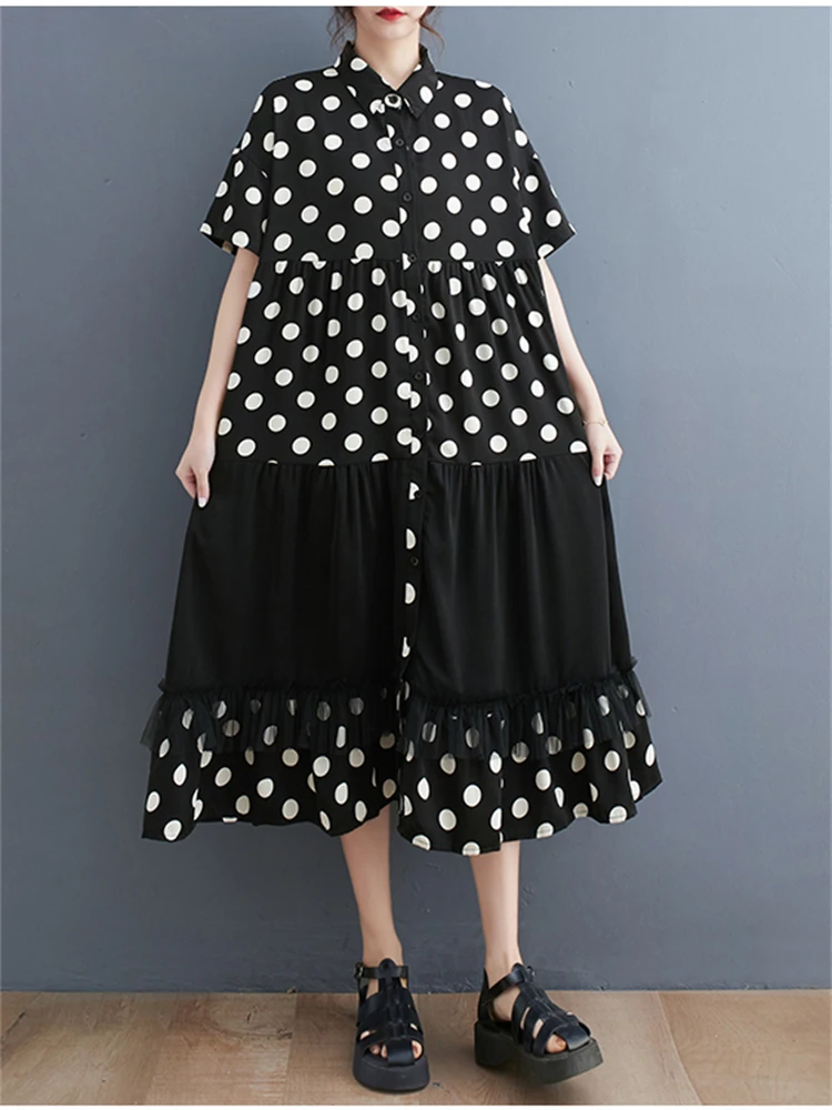 

Spring Summer Fashion Women's Dress Polka Dots Print Short Sleeve Vintage Patchwork Korean Style Loose Casual Calf Length Frocks