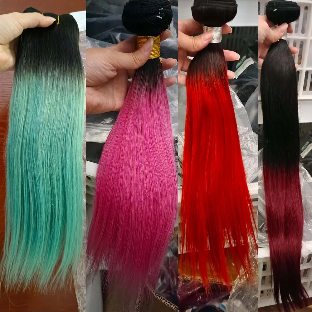 

1 Bundle Straight Human Hair Bundles Ombre Color Green Red Pink Burgundy 95(±5)g Remy Human Hair Weave Extension Bobbi