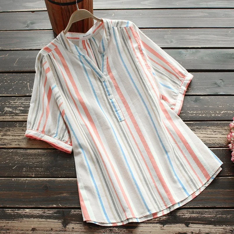 

Pure Cotton Summer New Literary Women's Blouse Harajuku Loose Tops Short-sleeve Shirt Printed Striped Shirt Casual All-match Top