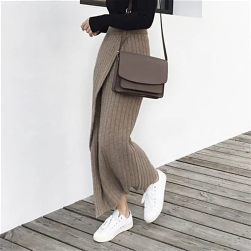 

Fashion New Retro Fashion Side Fork Sexy High Waist Pencil Rib Knit Long Skirt Woolen Skirt Korean Fashion Clothing 2023 Winter