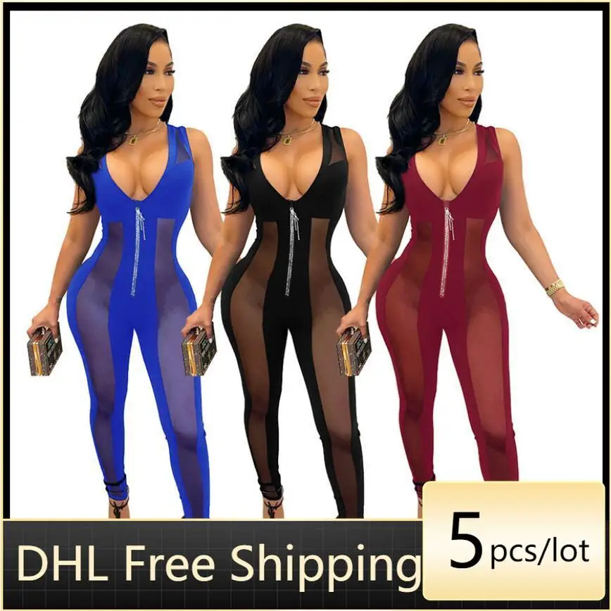 

Women's Jumpsuits wholesale rompers women Patchwork sexy deep V see-through stone zipper sleeveless one piece bodysuit 7211