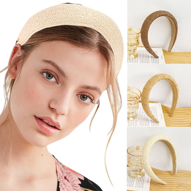 Fashion Raffia Braided Padded Headbands for Women Girls Solid Wide Straw Sponge Hairbands Bezel Hair Hoops Hair Accessories
