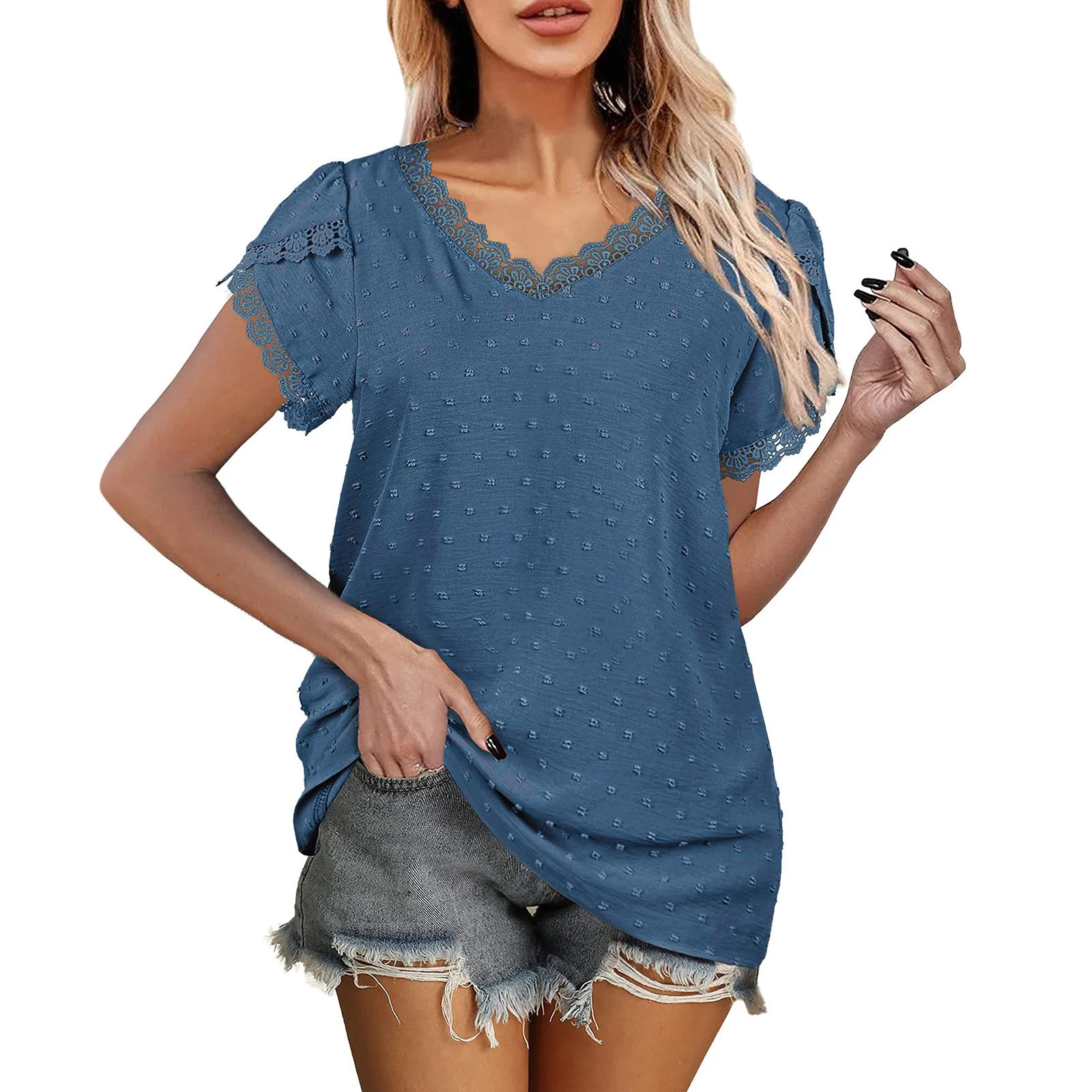 

Summer Woman Short Sleeve Shirt V-neck Tops Blouse Summer Women's Streetwear Dot Blouse Clothes