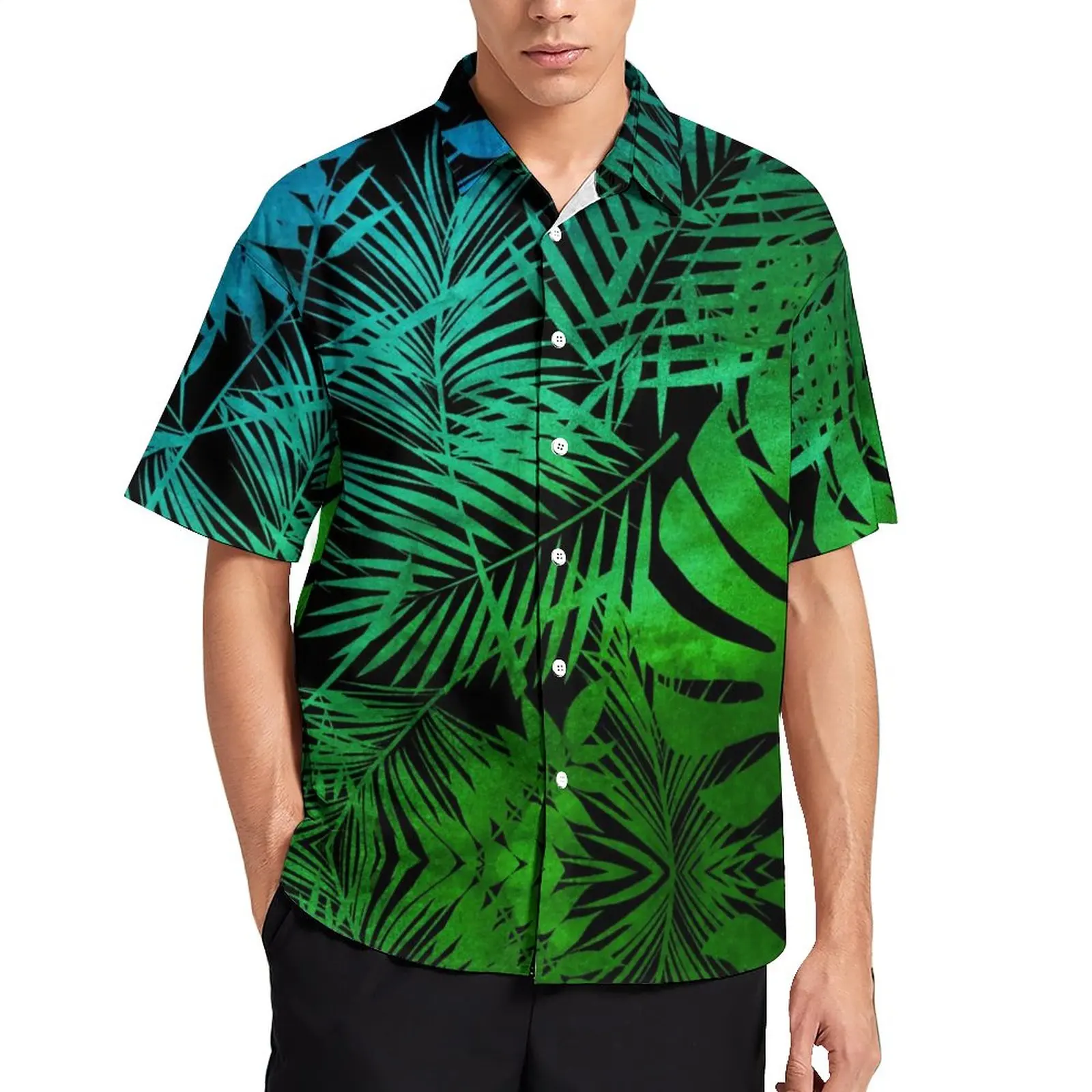 

Palm Leaf Print Blouses Mens Green Ombre Tropical Casual Shirts Summer Short Sleeve Graphic Vintage Oversized Beach Shirt Gift