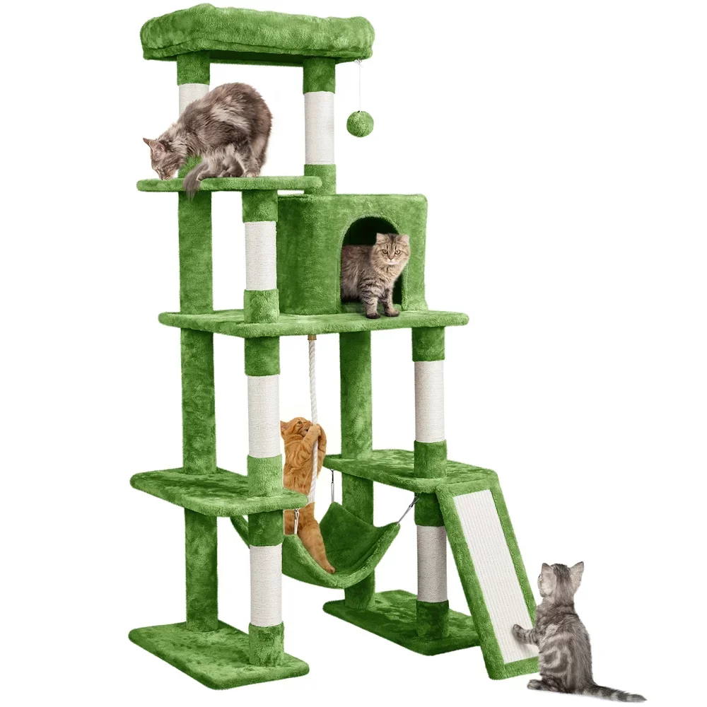 

5-Level 63" Cat Tree with Hammock & Scratching Posts, Green, Cat Supplies, Cat Toys, So That Cats Can Play Happily At Home