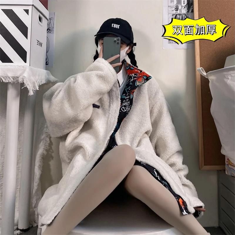 Anime Print Reversible Fleece Jacket for Couples Winter Korean Fashion Trends Clothing Teenage Plus Size Padded Coats Streetwear