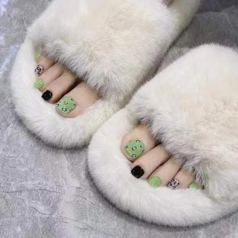

24pcs Green Spot Pattern Toe False Nails Full Cover Fake Nails DIY Manicure Nail Art Tools French Foot Nails Press On Nails