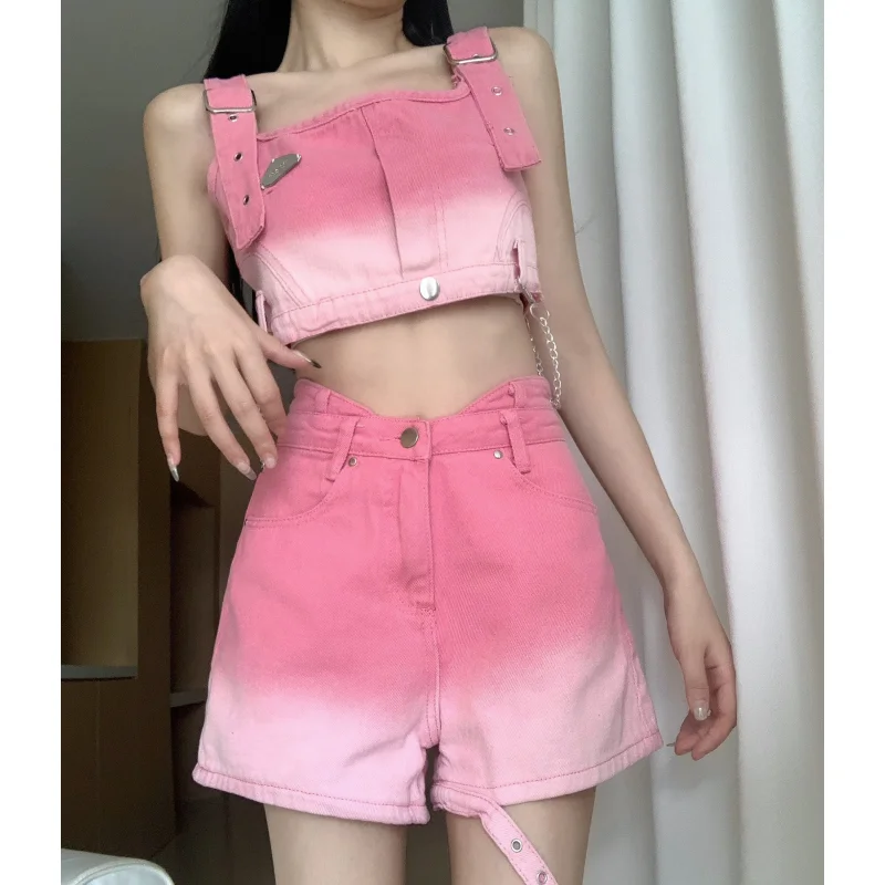 

2023 Women Pink Denim Shorts Vest Y2K Pink Two Piece Set High Waist American Streetwear Fashion Baggy Short Jeans Summer Suits