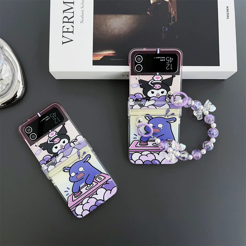 

Funny Sanrio Kuromi Catch Doll Phone Case For Samsung Galaxy Z Flip 3 4 5G ZFlip3 ZFlip4 Flip3 Flip4 Cover Pendant With Beads