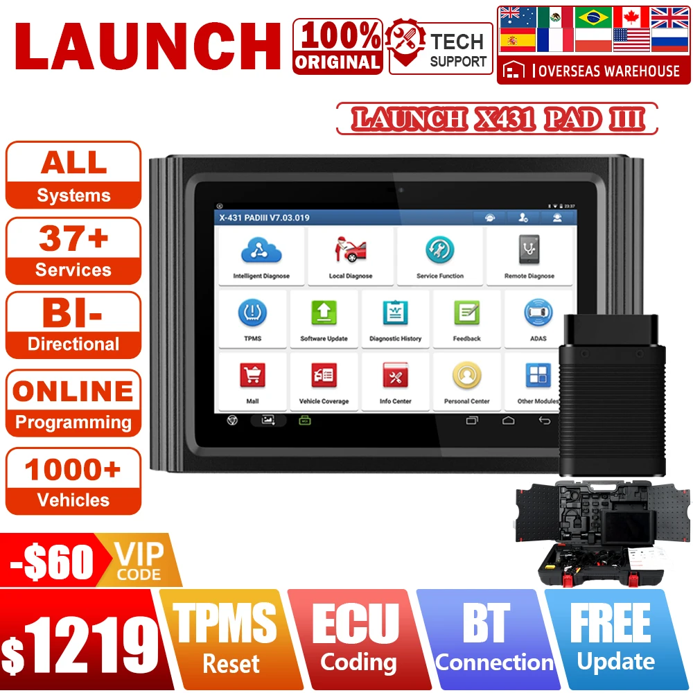 Диагностические инструменты LAUNCH X431 PAD Ⅲ V2.0 для автомобиля, диагностический сканер OBD2, онлайн-программирование ECU Инструменты для механической мастерской TPMS Автомобильный сканер