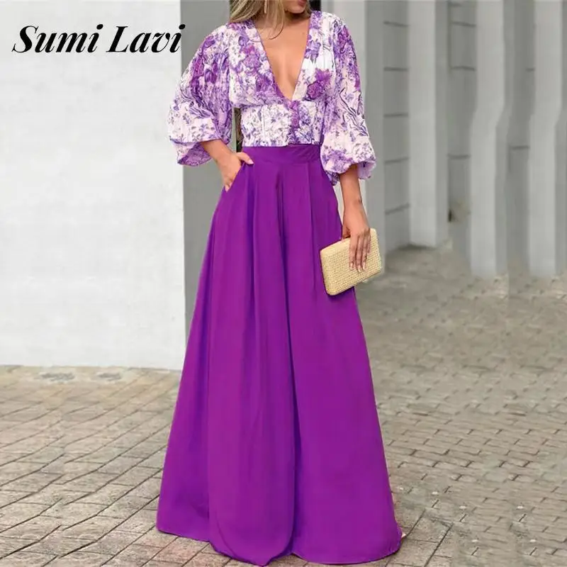 

Sexy V Neck Lantern Sleeve Waisted Top + Wide Leg Pants Suit Fashion Print High Waist Pants 2pcs Set Autumn Women Casual Outfits