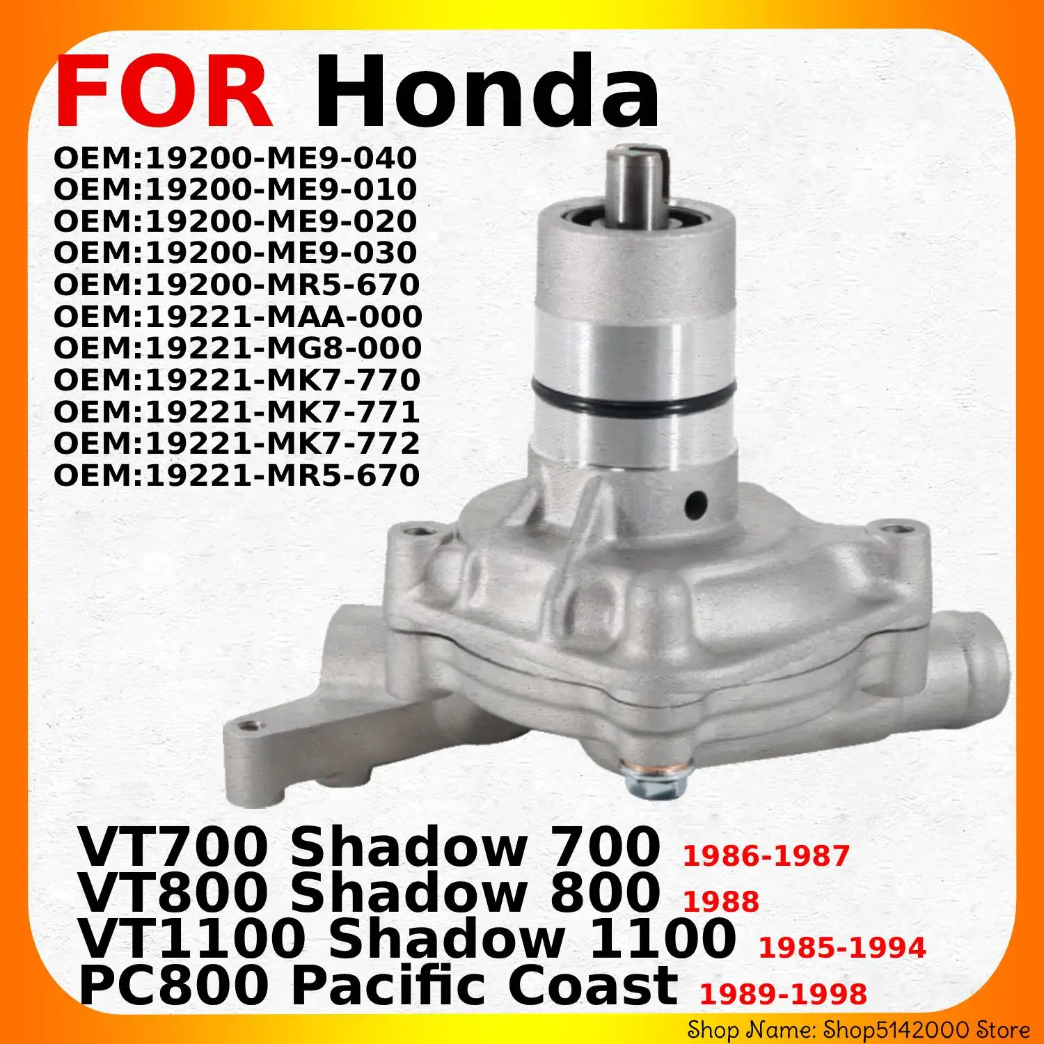 Фото Водяной насос двигателя мотоцикла, насос радиатора для Honda VT700 / VT800 / VT1100 Shadow / PC800 Pacific Coast, OEM: 19200-ME9-040 №1
