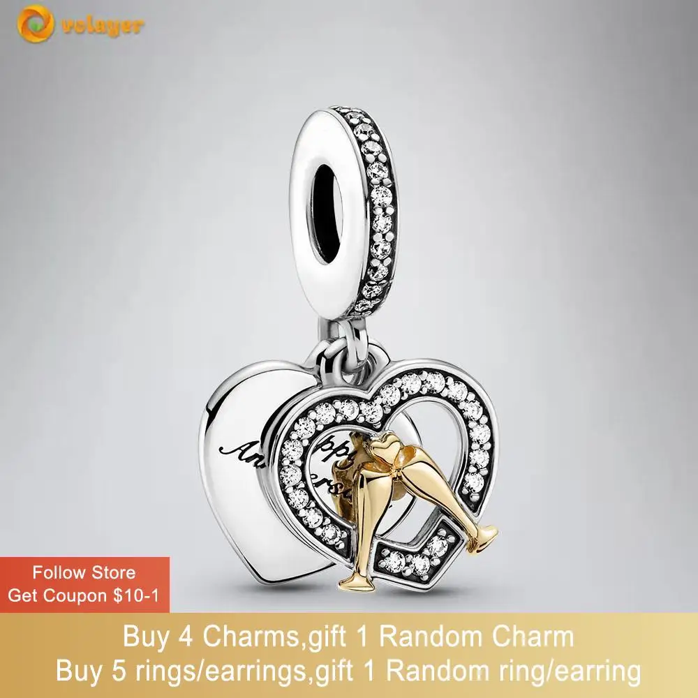 

Volayer 925 Sterling Silver Two-tone Happy Anniversary Dangle Charm fit Original Pandora Bracelets for Women DIY Jewelry