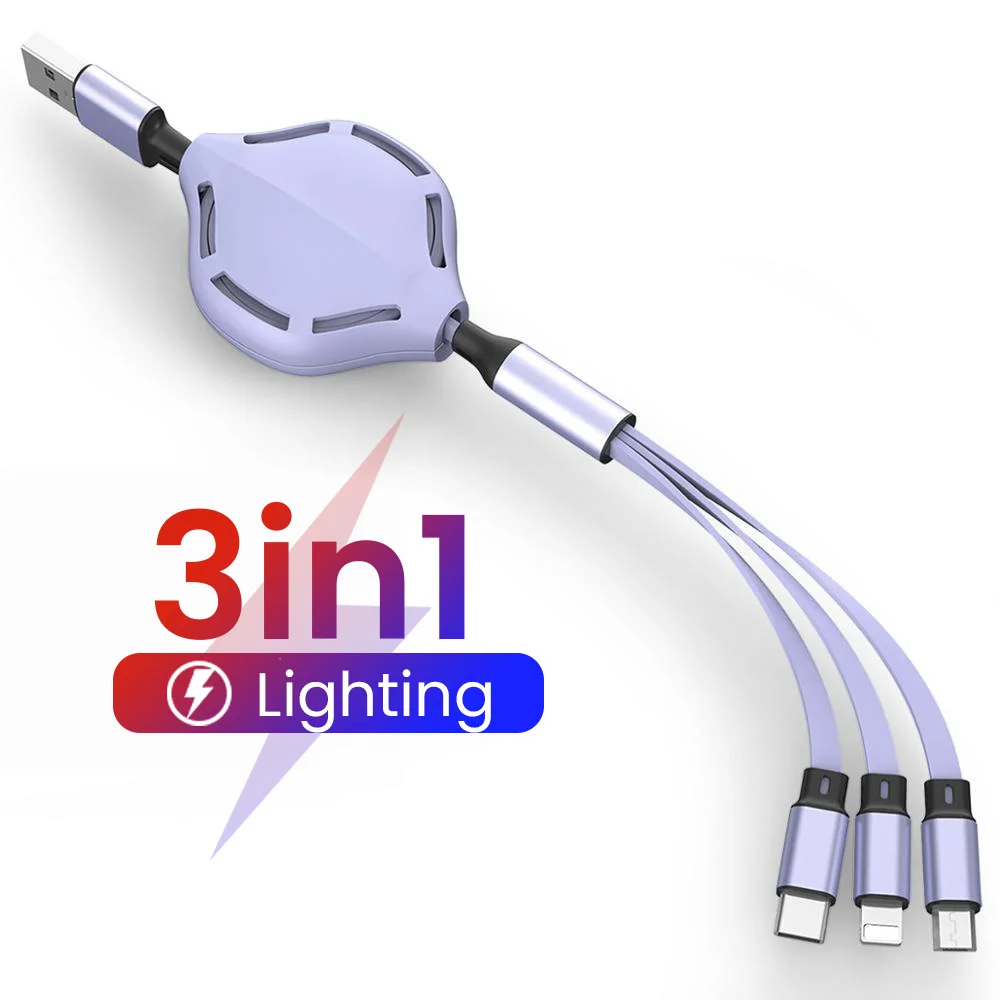 

Retractable 3 In 1 Charge Cable Type C/Micro USB/8 Pin Charger Kable 110cm 2A Fast Charging Cord For iPhone 13 12 Huawei Mate40
