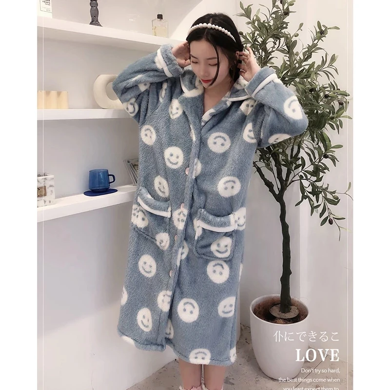 Fleece Women Cute Bathrobe Autumn Winter Ladies Long Sleeve Robe Flannel Thicken Single Breasted Dressing Gown for Female
