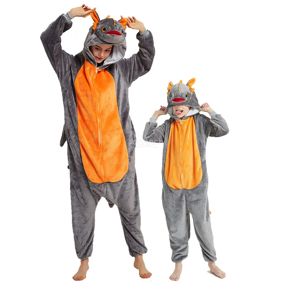 Family Matching Pajama Gray Dragon Onesie Halloween Mother Kids Outfits Zipper Animal Kigurumis Winter Jumpsuit Party Overalls