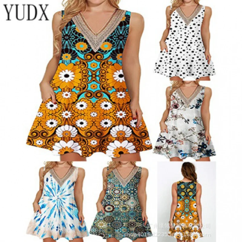 

Summer 2023 European and American New Hot Casual Loose Bohemian V-neck Lace Sleeveless Dress y2k Women's dress Dresses