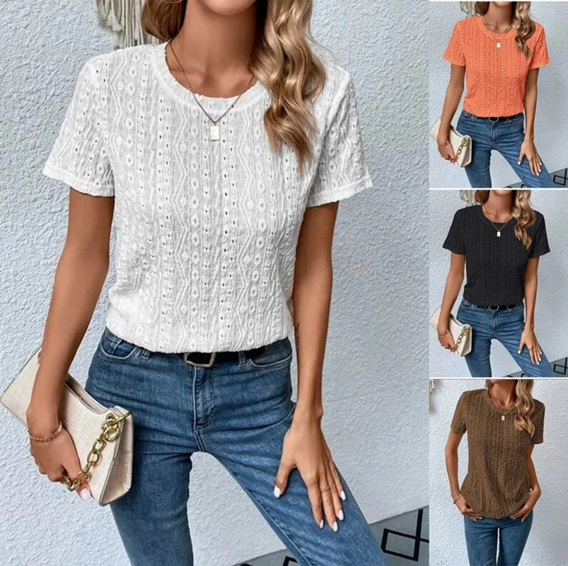 

Fashion O-neck Short Sleeve White Women Tops And Blouses 2023 Summer Casual Hollow Out Black Top Femme Shirt Blouse Blusas