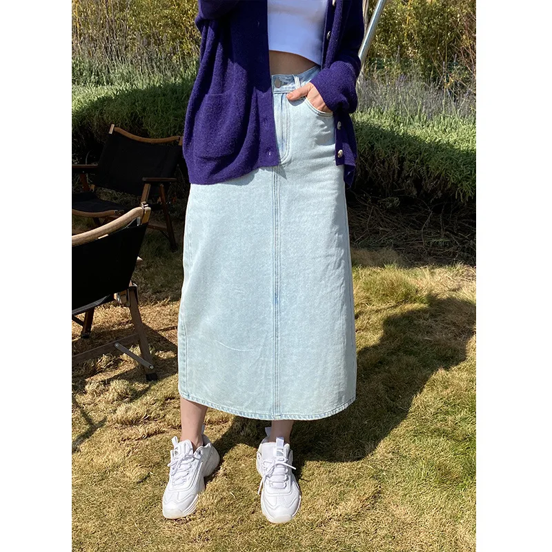 

Женская джинсовая юбка средней длины, голубая Повседневная тонкая юбка с высокой талией в Корейском стиле, универсальная элегантная юбка в ...