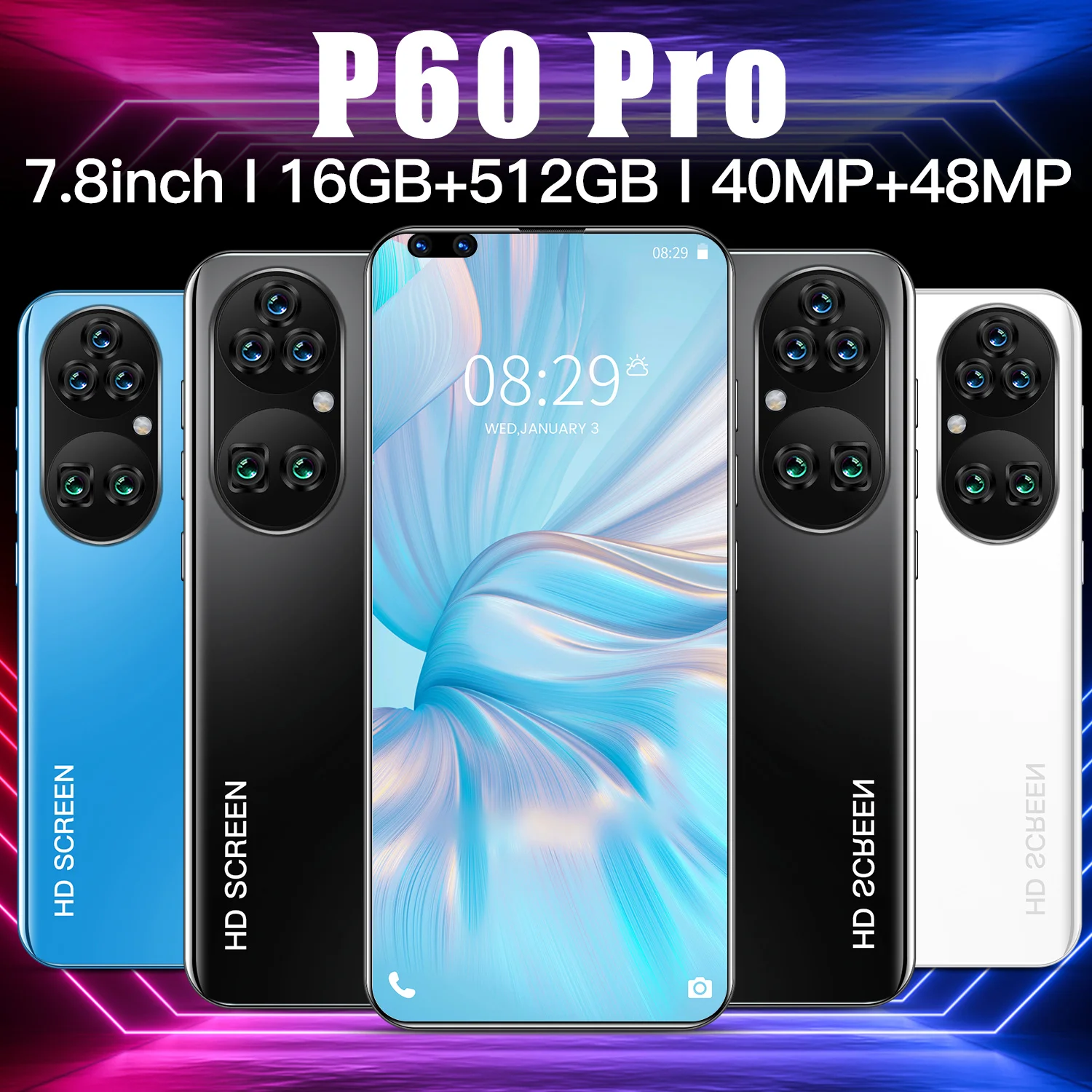 

Global Version P60 PRO 7.8 Inch Water Drop Screen Android 11.0 Smartphone 16GB RAM 512GB ROM 40MP+48MP 5600mAh Dual Sim 5G Phone