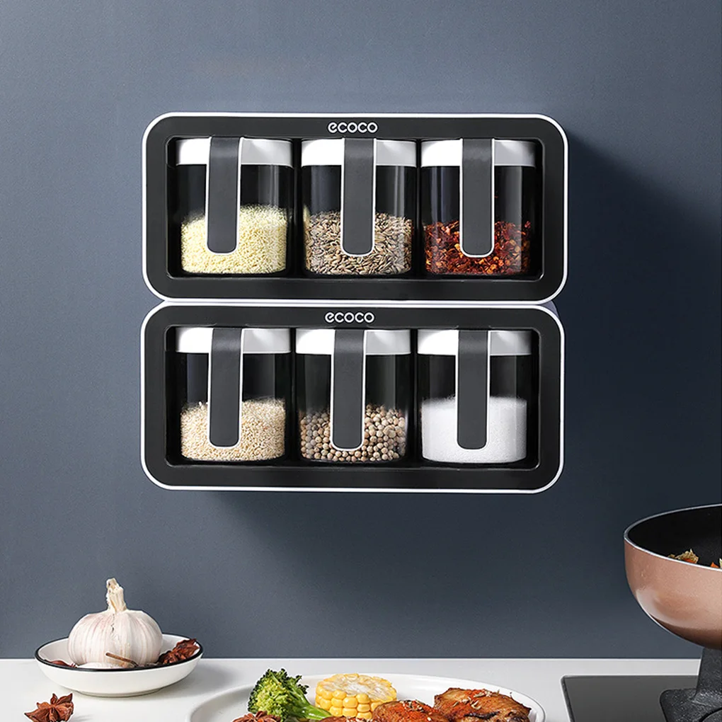 

2/3Cups Wall Mount Spice Rack Organizer Accessory Sugar Bowl Salt Shaker Seasoning Container Boxes With Spoons Storage Supplies