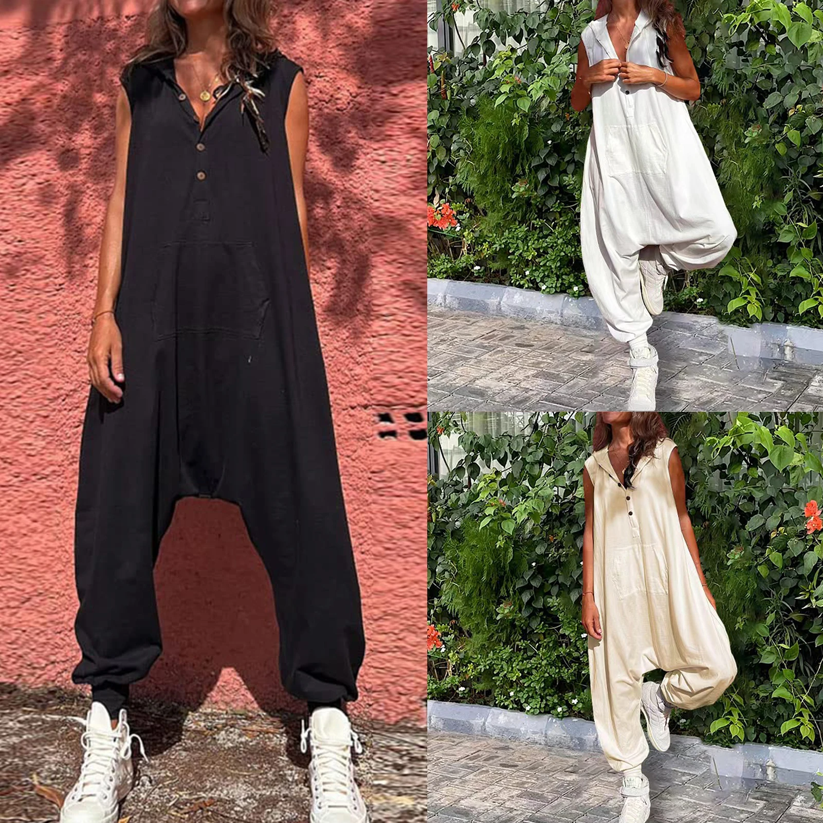 

Women Wide Leg Jumpsuits Solid Color V-Neck Vintage Streetwear Jumpsuits with Pocket Harajuku Simple Sleeveless Pants