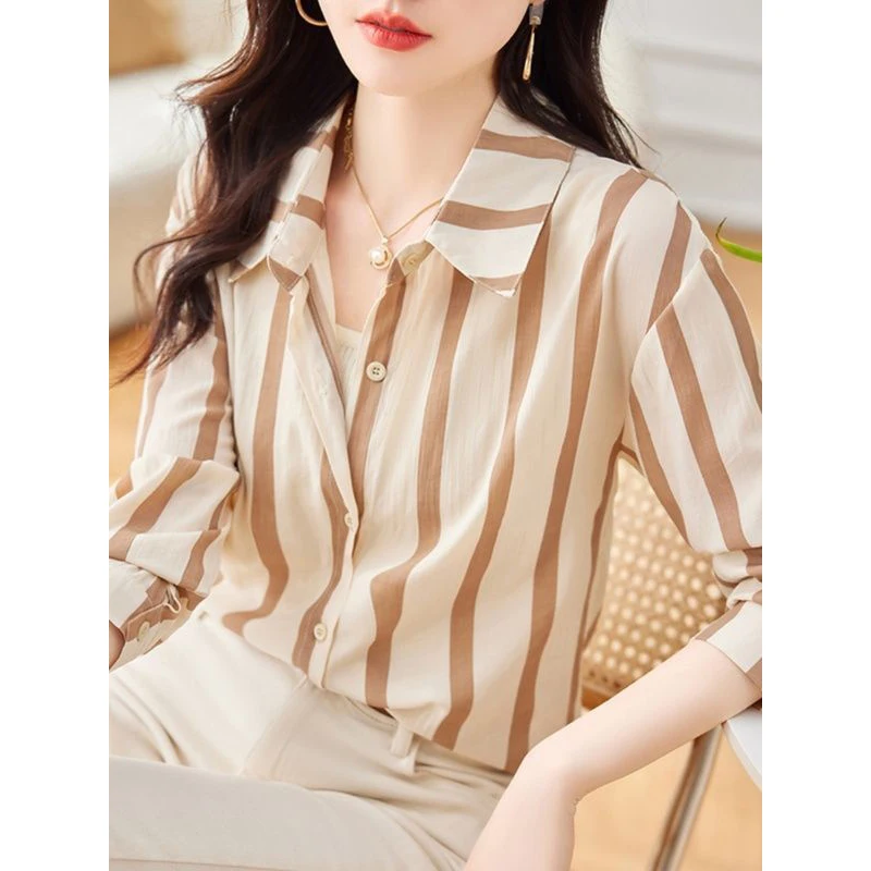 Женская Асимметричная блузка в полоску Повседневная рубашка с длинным рукавом