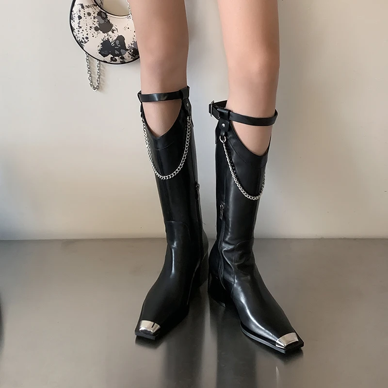 

2022 new Women Knee-high boots 22-24.5 cm cowhide modern boots Pigskin lining +sheepskin Stone long Boots sexy belt buckle