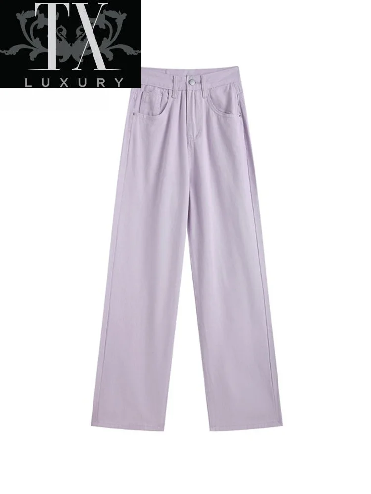 

Purple Jeans For Women Denim Trousers High Waist Chic Loose Straight Autumn Korean Fashion All-Match Wide Leg Pants Femme