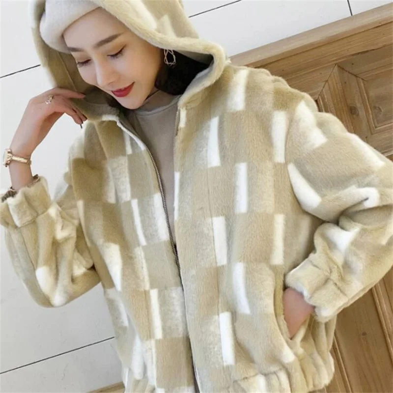Autumn faux mink fur leather jacket womens warm splice Leisure lattice zipper Hooded fur leather coat women loose jackets b555 enlarge