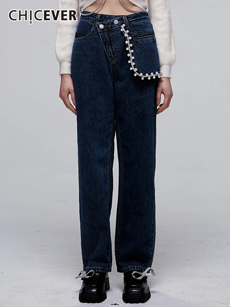 

CHICEVER Vintage Patchwork Embroidered Flares Denim Pants For Women High Waist Loose Long Jeans Female 2022 Spring Clothing New