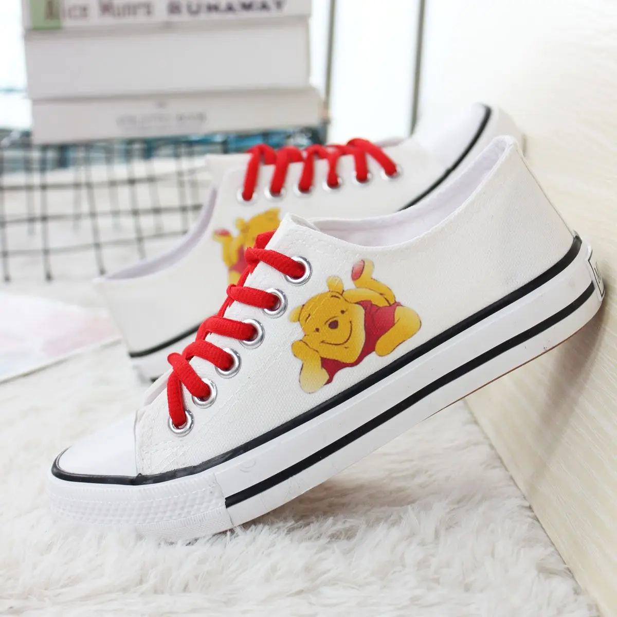 Disney New Winnie The Pooh Cartoon Casual Low-top Women's Shoes Men's Shoes Couple's White Shoes Flat Hand-painted Canvas Shoes