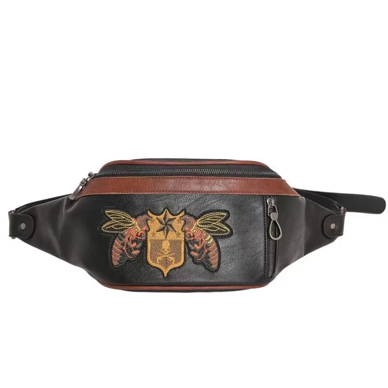 Fashion Male Small Leather Bags Black Travelling Waist Belt Purse Mobile Phone Crossbody Purses Shoulder Chest Sling Bag for Men