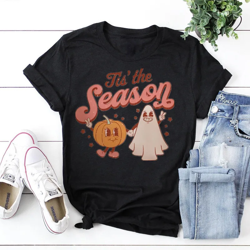 

Cute Fall Graphic Tee Women's Halloween cute Ghost Spooky Season Shirt, Trick or Treat Costume 100% cotton Unisex Drop Shipping