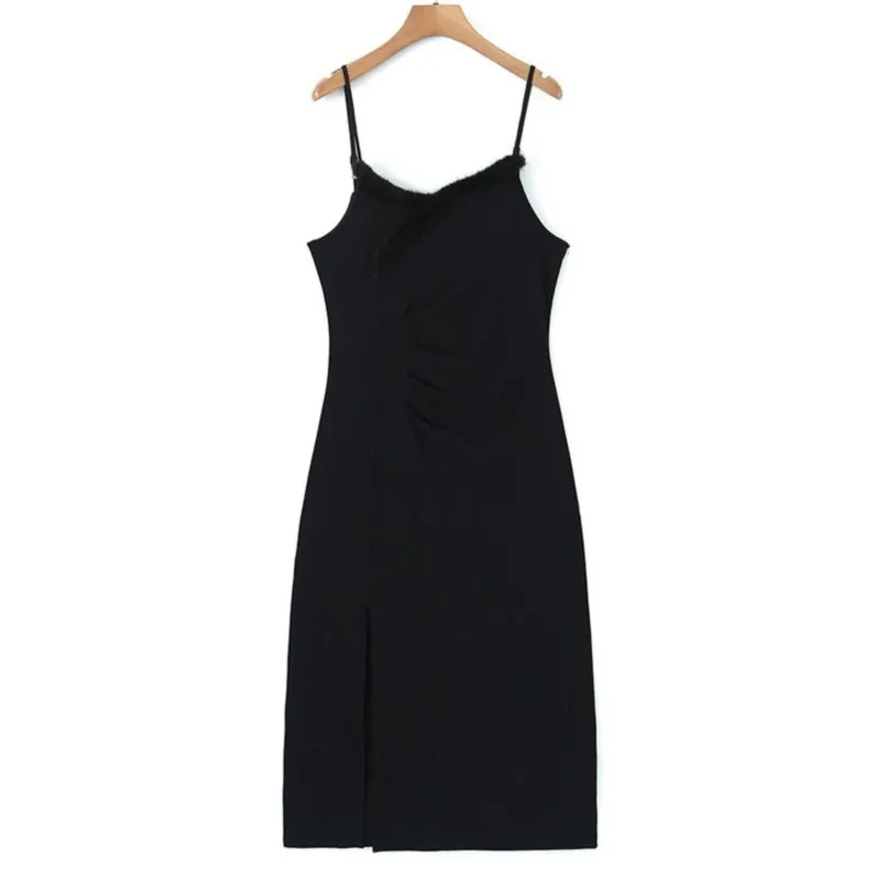 

4XL Plus Size Spaghetti Strap Dress Women 2023 Spring Black Swan V-Neck Side Fold Split French One-Piece Oversized Curve Clothes