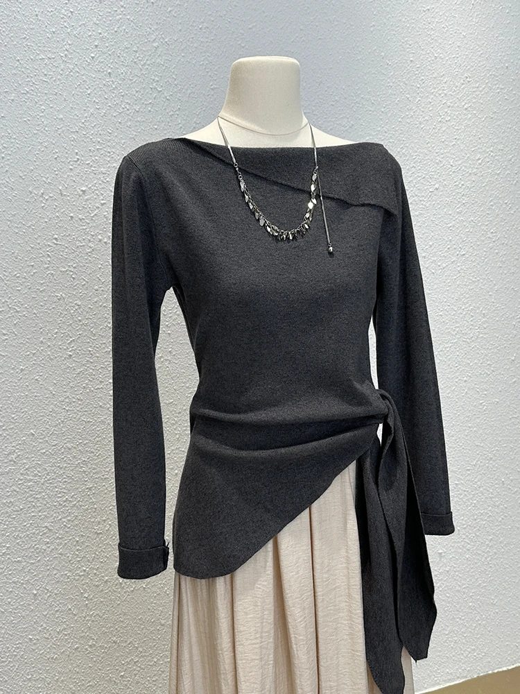 Gentle Sle Sweet Knitted Long sleeves Shirt Women Autumn Fashion Temperament off-Neck Lace-up Bottoming Unique Top