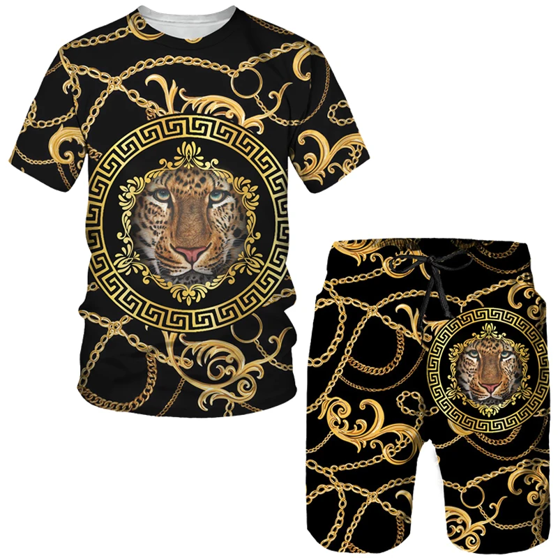 

Summer Golden Lion Printed T-shirt/Shorts/Suit Men's Casual Graphic O-neck Tops + Pants Set Male Hip Hop Short Sleeved Tracksuit
