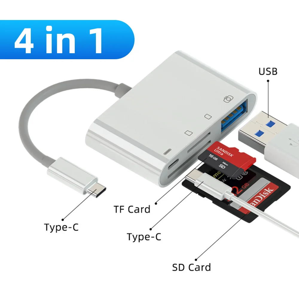 

4 in 1 USB C Card Reader to TF SD OTG Readers USB Connection Memory Card Adapter for Macbook Phone Data Transfer Cable Reader