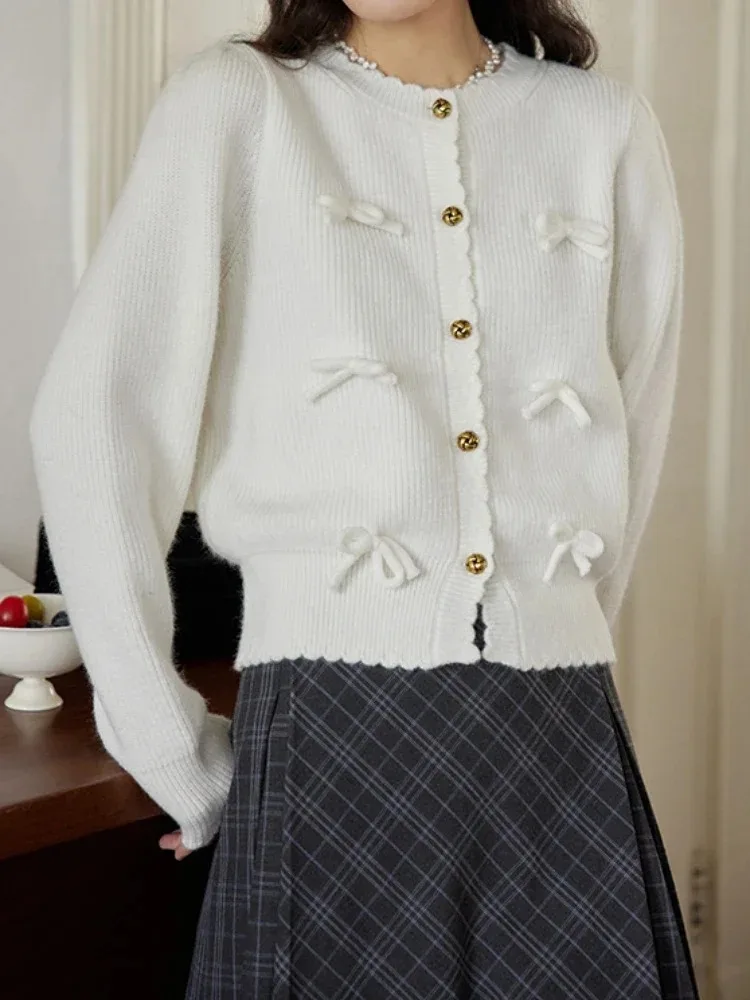 Женский Винтажный Белый Кардиган С Бантом Вязаная Куртка В Консервативном Стиле